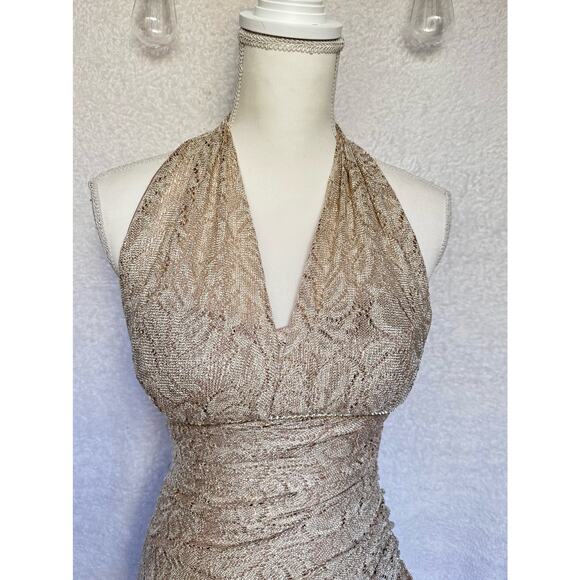 Vintage 90's Cach'e Gold Sparkly Halter Side Ruffle Maxi Dress Women's Small 4 - Picture 3 of 13